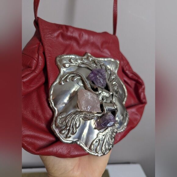 Vintage Copa Creation Red Leather Handbag with Amethyst & Rose Quartz – Carvalhu - Picture 3 of 8